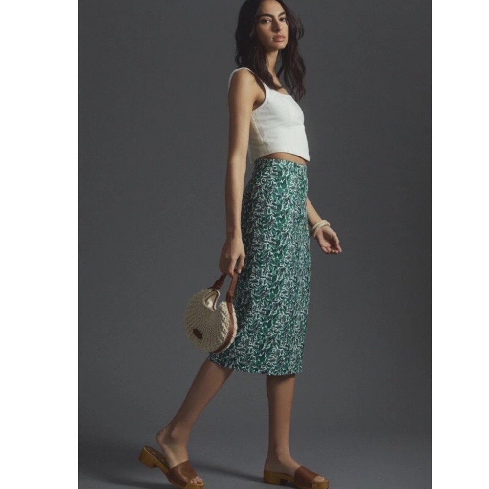 Anthropologie Hutch Tropical Toucan Print Linen Midi Skirt Green Size 0